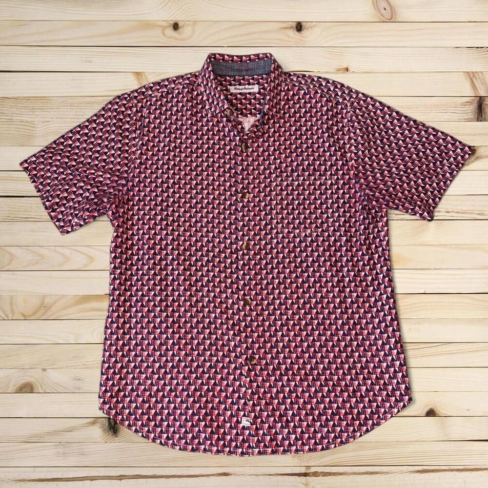 Tommy Bahama 100% Silk Short Sleeve Button Up Shirt Red White and Blue Size M